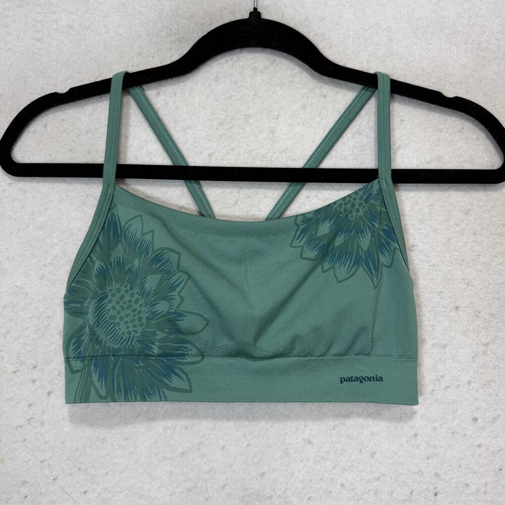 Patagonia Sports Bra Womens Small Green Floral Mesh Racerback Yoga Athletic Top